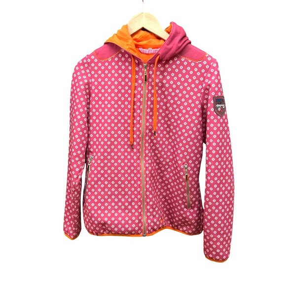 Almgwand Pink Orange Womens Hooded Jacket Size 38 Floral Pattern Full Zip - Picture 1 of 6